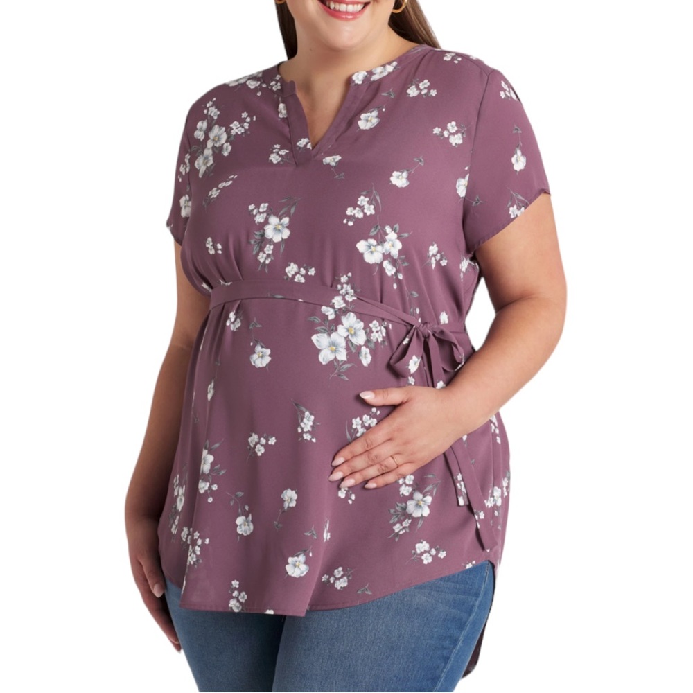 Full Moon Segura Short Sleeve Tie Waist Maternity Blouse Light Purple Floral 2X